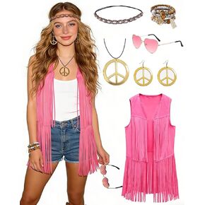60s 70s Outfit for Women Hippie Costume Clothes Fringe Vest with Hippie Accessories Boho Headband for Disco Party Halloween in Kuwait
