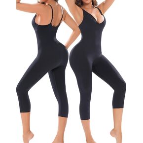 Women Workout Seamless Jumpsuit Deep V-Neck Yoga Ribbed Bodycon Capri Length Leggings Romper One Piece Tank Top in Kuwait