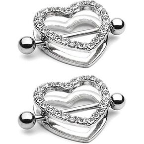 Heart Nipple Rings Clear Gem Paved Surgical Steel 14G 7/8" Length in Kuwait