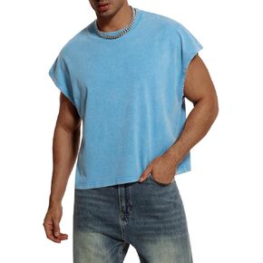 Mens Acid Wash Cropped Tank Tops Dolman Sleeve T Shirt Oversized Vintage Muscle Sleeveless Boxy Tees Crop Top in Kuwait