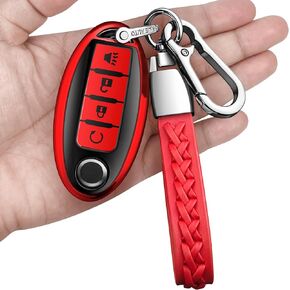 غطاء Autophone لمفتاح Nissan Key Fob مع سلسلة مفاتيح جلدية ناعمة من مادة TPU لحماية المفاتيح لمفتاح Altima Sentra Rogue Pathfinder Murano Armada Maxima Versa الذكي (أحمر، 5 أزرار) in Kuwait