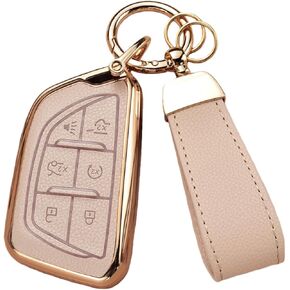 غطاء مفتاح Fob متوافق مع Cadillac Escalade CT4 CT5 CT6 XTS XT4 XT5 ATS، جلد علوي + غطاء مفتاح ناعم من مادة TPU مع سلسلة مفاتيح (6 أزرار، ذهبي وردي) in Kuwait