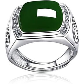 HAIXIAN Natural Agate Ring for Men, White Gold Plated Sterling Silver, Green Onyx Emerald Stone, Adjustable, Handmade Turkish Jewelry in Saudi Arabia
