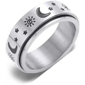 الملونة بلينغ 316L الفولاذ المقاوم للصدأ الدوار القلق الفرقة الدائري 8/6mm نجمة القمر الشمس زهرة تململ الدائري تخفيف التوتر خطوبة وعد بارد السائق مجوهرات للنساء الرجال زوجين in Kuwait