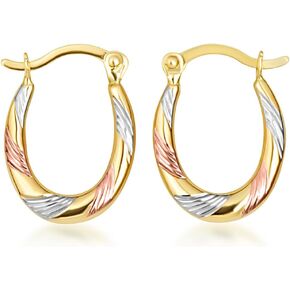 أقراط دائرية بيضاوية ذهبية مخططة للنساء | 10K أو 14K ثلاثي الألوان الأصفر والأبيض والذهبي الوردي in Kuwait