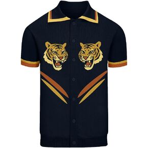 OXKNIT Men's Knit Polo Shirt, Retro Tiger Pattern Cardigan Polo Button Down Short Sleeve Shirt, Dark Blue in Kuwait