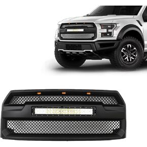 JX RACING Front Bumper Grille Hood Grill With LED Lights Compatible with Ford F150 F-150 2015 2016 2017 Matte Black Mesh Upper Grille Assembly With LED Light Bar W/O Camera Hole Raptor Style in Kuwait