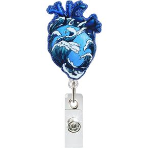Heart Badge Reel, Funny Blue Waves Badge Reels Retractable, Name Badge Holder Reel ID Clip, Cute Organ Decorative for RN LPN CNA MA Medical Worker Teacher Nurse Badge Accessories in Kuwait