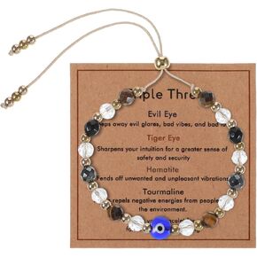 Evil Eye Bracelet for Women, Natural Crystal Protection Healing Bracelets with Amethyst Black Tourmaline, Adjustable Spiritual Jewelry Gift with Meaning Card in Kuwait