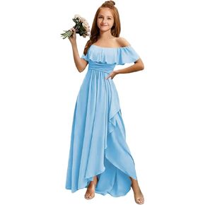 MRHUSH Junior Bridesmaid Dresses Off The Shoulder Flower Girl Dress Chiffon Ruffle A-Line Wedding Party Guest Gowns with Slit in Kuwait