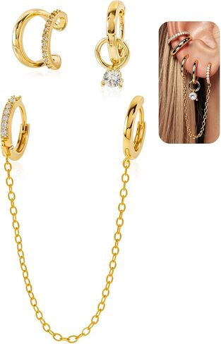 Luxe Pearl Gold Ear Cuff Set, Non-Piercing Earrings with Chain, Rhinestone Embellished Ear Clips, Fashion Jewelry for Women in Saudi Arabia