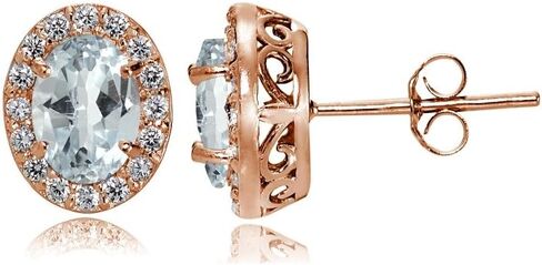 Rose Gold Flashed Sterling Silver Aquamarine and Cubic Zirconia Accents Oval Halo Stud Earrings in Saudi Arabia
