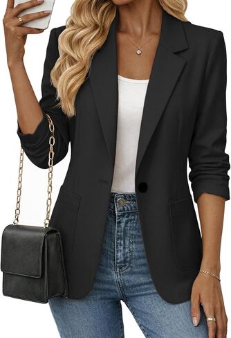 Mina Self 2026 Spring Women's 3/4 Ruched Sleeve Blazer - Lightweight Full-Lined Solid Casual Work Office Jacket with Pockets in Saudi Arabia