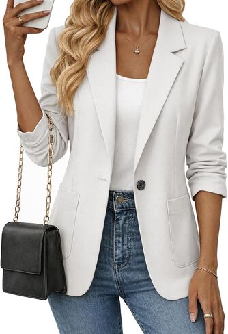 Mina Self 2026 Spring Women's 3/4 Ruched Sleeve Blazer - Lightweight Full-Lined Solid Casual Work Office Jacket with Pockets in Saudi Arabia
