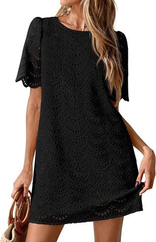 PRETTYGARDEN Women's 2026 Summer Casual Short Dresses Embroidered Lace Short Sleeve Boho Mini Dress Beach Vacation Clothes in Saudi Arabia