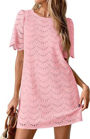 PRETTYGARDEN Women's 2026 Summer Casual Short Dresses Embroidered Lace Short Sleeve Boho Mini Dress Beach Vacation Clothes in Saudi Arabia