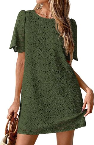 PRETTYGARDEN Women's 2026 Summer Casual Short Dresses Embroidered Lace Short Sleeve Boho Mini Dress Beach Vacation Clothes in Saudi Arabia