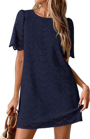 PRETTYGARDEN Women's 2026 Summer Casual Short Dresses Embroidered Lace Short Sleeve Boho Mini Dress Beach Vacation Clothes in Saudi Arabia