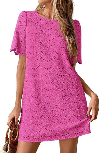 PRETTYGARDEN Women's 2026 Summer Casual Short Dresses Embroidered Lace Short Sleeve Boho Mini Dress Beach Vacation Clothes in Saudi Arabia