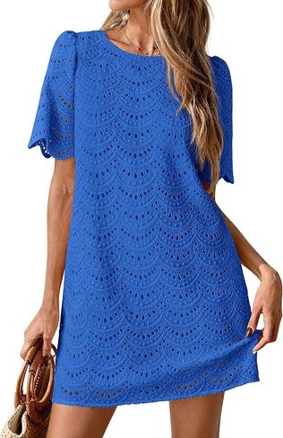 PRETTYGARDEN Women's 2026 Summer Casual Short Dresses Embroidered Lace Short Sleeve Boho Mini Dress Beach Vacation Clothes in Saudi Arabia