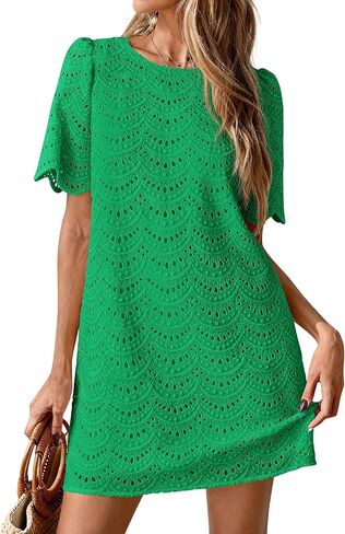 PRETTYGARDEN Women's 2026 Summer Casual Short Dresses Embroidered Lace Short Sleeve Boho Mini Dress Beach Vacation Clothes in Saudi Arabia