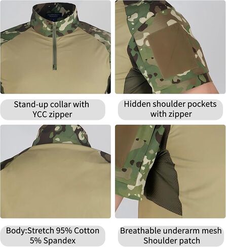 Men's Camo T-Shirts Quick-Dry Combat Tactical Shirt 1/4 Zipper Stretch Short Sleeve T Shirt with 2 Pockets in Saudi Arabia
