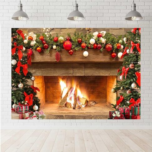 Lofaris Christmas Fireplace Backdrop Winter Xmas Tree Colorful Festive Decorations Brick Backgrounds Interior Vintage Merry Christmas Eve Party Banner Decorations 5x3ft in Kuwait