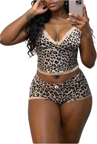 Women's 2 Piece Outfits Lace Trim Cheetah Cami Tops and Shorts Crop Tops and Mini Shorts in Saudi Arabia