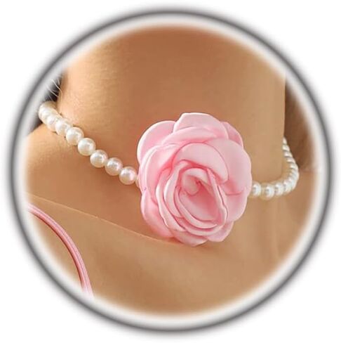 Large Rose Flower Pearl Choker Necklaces, Vintage French Camellia Charm Short Clavicle Necklaces, Fashion Statement Jewelry Gifts for Women Teen Girls in Kuwait