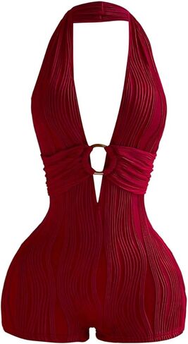Women's Halter Sexy Romper Sheer Open Back Date Night Rompers Y2K Textured Deep V Short Jumpsuit Rave Outfits in Saudi Arabia
