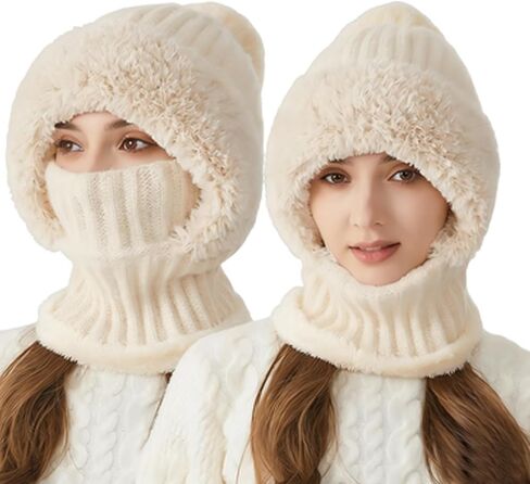 3-in-1 Women's Solid Color pom-pom Embellished Knit hat, Autumn and Winter Casual Warm Thick Knit hat, Windproof Knit Set in Saudi Arabia