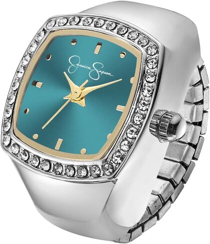 Jessica Simpson Women's Silver Ring Watch – Cushion Crystal Bezel, Teal Sunray Dial with Gold Accents, Stretch Expansion Band, Quartz Analog Fashion Accessory in Saudi Arabia