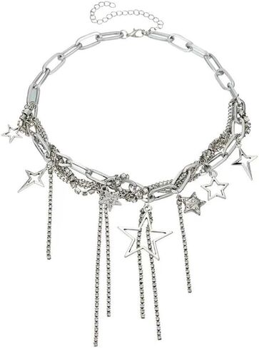 قلادة نجمة فضية مكتنزة، Y2k كبيرة وصغيرة قلادة نجمة مجوفة طويلة من حجر الراين شرابة القلائد مجوهرات الحفلات للنساء in Kuwait