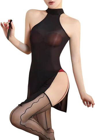 RUIBAVYA Women Shiny Bodystockings Lingerie Dress Neck-Hanging Sheer Bodycon Dress Full Body Stocking in Saudi Arabia
