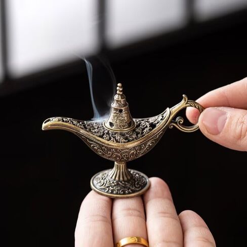 1PC Vintage Aladdin Genie Lamp Incense Burner, Brass Incense Holder with Hollow-Carved Design, Aromatherapy Censer for Home Office Decor, Meditation & Yoga, Gift for Fantasy Lovers & Spiritual Seekers in Saudi Arabia