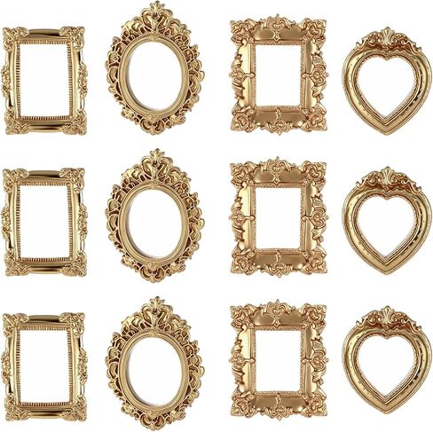 12 Pcs Vintage Resin Picture Frame, 4 styles Mini Picture Frames Baroque Antique Mini Photo Frames Small Oval Rectangle Wall Hanging Frame for Jewelry Display Photo Party Wedding Decoration (Gold) in Saudi Arabia