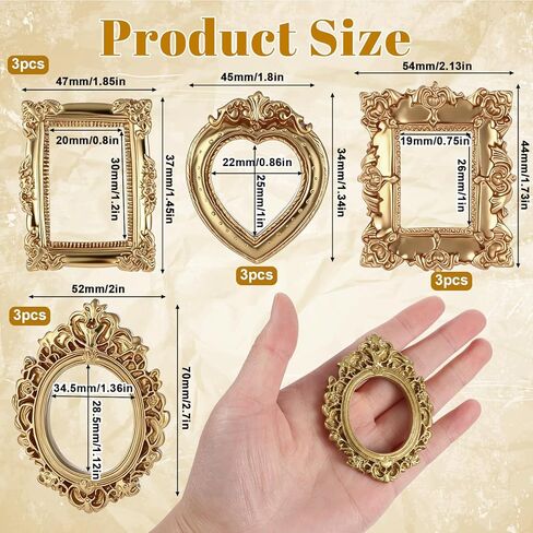 12 Pcs Vintage Resin Picture Frame, 4 styles Mini Picture Frames Baroque Antique Mini Photo Frames Small Oval Rectangle Wall Hanging Frame for Jewelry Display Photo Party Wedding Decoration (Gold) in Saudi Arabia