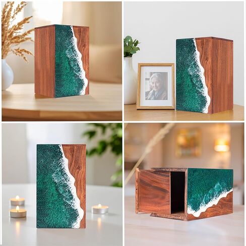 Green Ocean Wooden Cremation Urn for Human Ashes – Ocean Theme Adult Memorial Urn, Handmade Wooden Funeral Urn for Ashes (LARGE-170LBS) in Kuwait