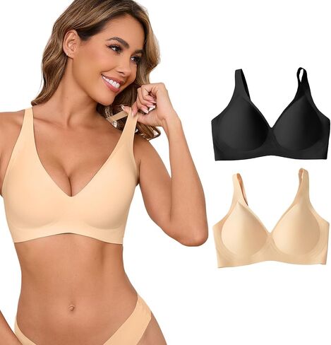 2-Pack Women's Seamless Deep V Wireless Bralette - Padded T-Shirt Bra, No Underwire, All-Day Comfort in Saudi Arabia