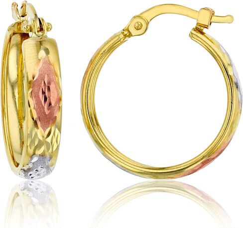14k Tri Color Gold Solid Diamond Cut Hoop Earrings for Women | 4mm Thick | Diamond Design | Italian Gold Hoop Earrings | Secure Click-Top | Shiny Polished Earrings for Women, 15mm-45mm in Saudi Arabia