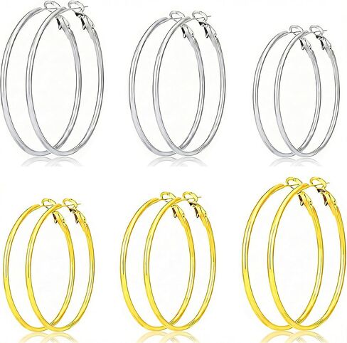 3 أزواج من الأقراط الحلقية للنساء، مصنوعة من الفولاذ المقاوم للصدأ 30/40/50 ملم من الفضة عيار 14 قيراط مطلية بالذهب، مجموعة أقراط رفيعة كبيرة الحجم لا تسبب الحساسية مجموعة أقراط متدلية للنساء in Kuwait