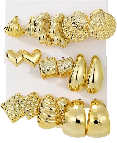 KISS WIFE 9 Pairs Gold Hoop Earrings Set for Women, Chunky Twisted Teardrop Dangle Hoops, Hypoallergenic Versatile Fashion Daily Jewelry Pack, Ideal Birthday Holiday Gifts for Her in Kuwait