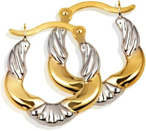 أقراط دائرية مضلعة ومخططة ذات لونين من الذهب الأبيض والأصفر عيار 14 قيراط للنساء، بسمك 2 ملم وقطر 13.5 ملم in Kuwait