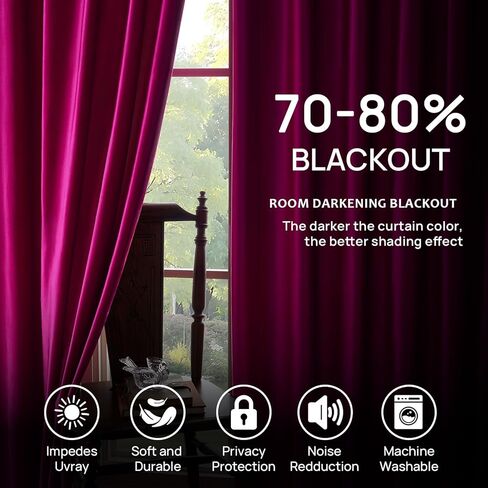 ستائر مخملية وردية ساخنة 90 بوصة: فوشيا قرصة مطوي 2 لوح أنيق غرفة المعيشة سواد ستائر معزولة حراريًا مع خطافات - فاخرة عازلة للصوت تقلل الضوضاء الخلفية ستارة نافذة لغرفة النوم in Kuwait