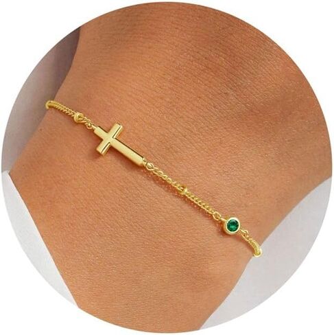 Turandoss Cross Birthstone Bracelets for Women Teen Girls - 14K Gold Plated Cross Charm 12 Months Created Birthstone Bracelet Jewelry Birthday Religious Gifts for Women in Saudi Arabia