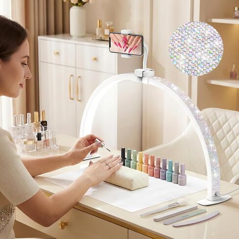 LIONVISON ضوء نصف القمر للمكتب: 29 بوصة ضوء أظافر قابل للطي للمكتب مع حامل هاتف - 3000K-6500K 3 أوضاع ألوان 10 سطوع لفنيي الأظافر في الصالونات وعشاق مانيكير المنزل (أبيض) in Kuwait