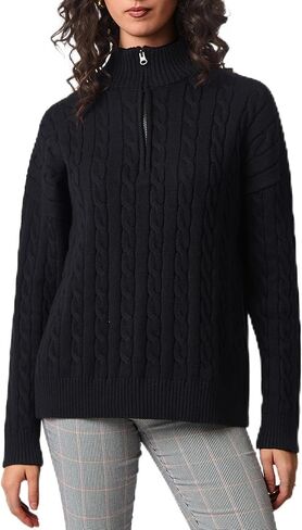 سترة نسائية متماسكة بأكمام طويلة فضفاضة تناسب ربع سحاب بلوفر مضلع ملابس غير رسمية للخريف والشتاء in Kuwait