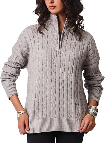 Women’s Long Sleeve Knit Sweater Loose Fit Quarter Zip Pullover Ribbed Cable Tops Casual Fall Winter Outfits in Saudi Arabia