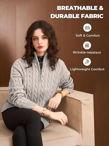 Women’s Long Sleeve Knit Sweater Loose Fit Quarter Zip Pullover Ribbed Cable Tops Casual Fall Winter Outfits in Saudi Arabia