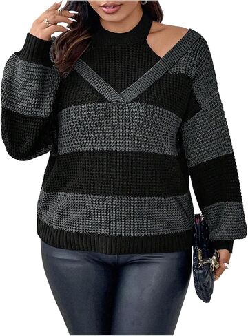 WDIRARA Women's Plus Size Striped Cut Out Sweater Color Block Long Sleeve Knitted Tops in Saudi Arabia